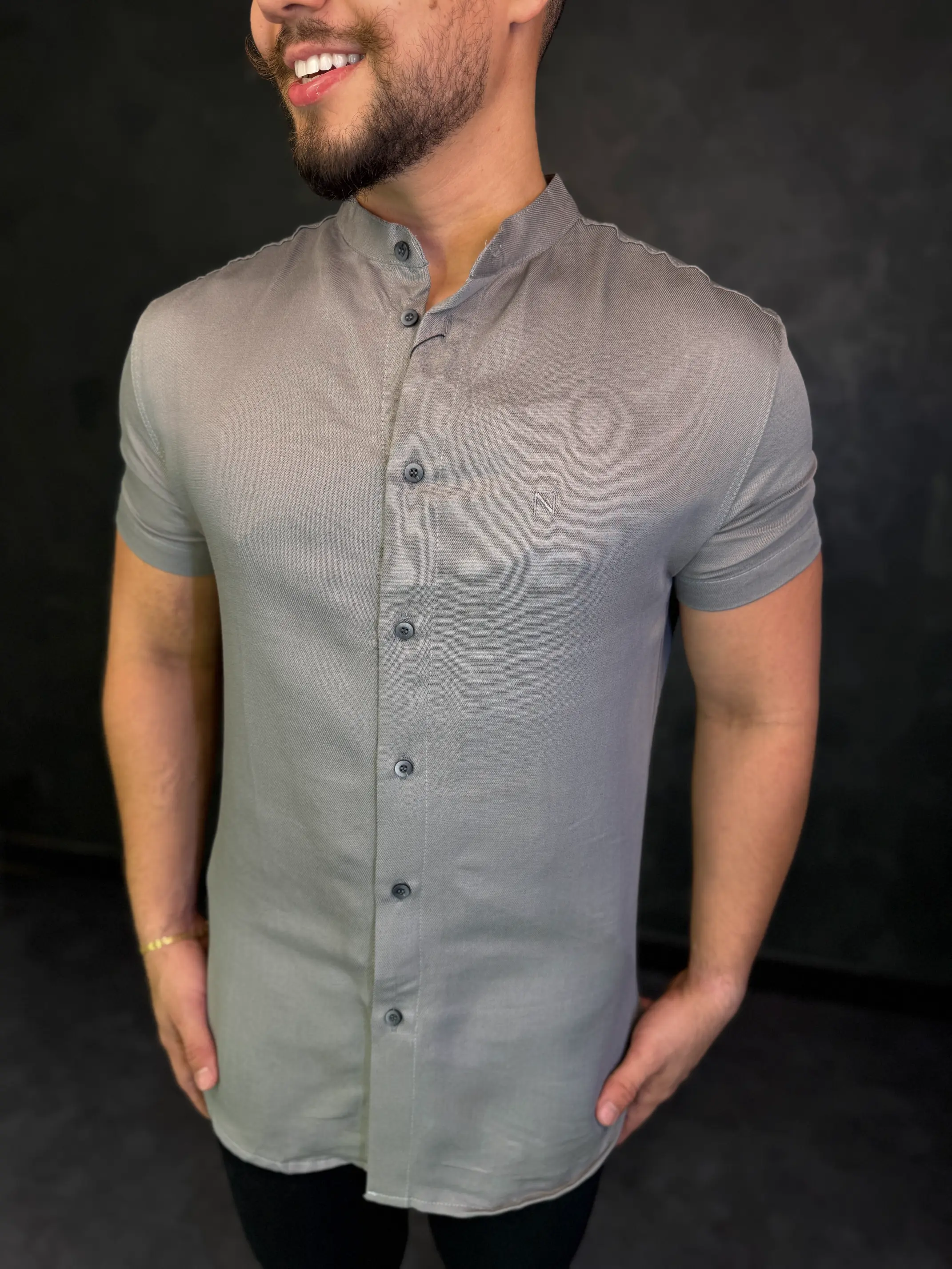 Camisa Social Gola Padre Nype Manga Curta Cinza Espacial