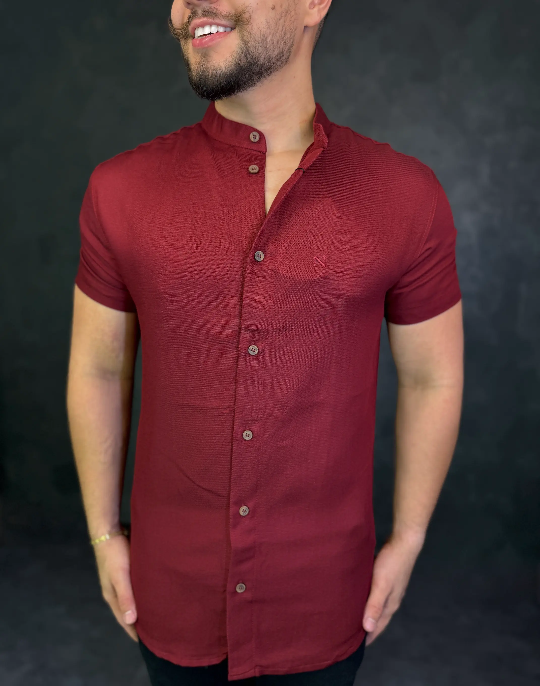 Camisa Social Gola Padre Nype Manga Curta Vinho