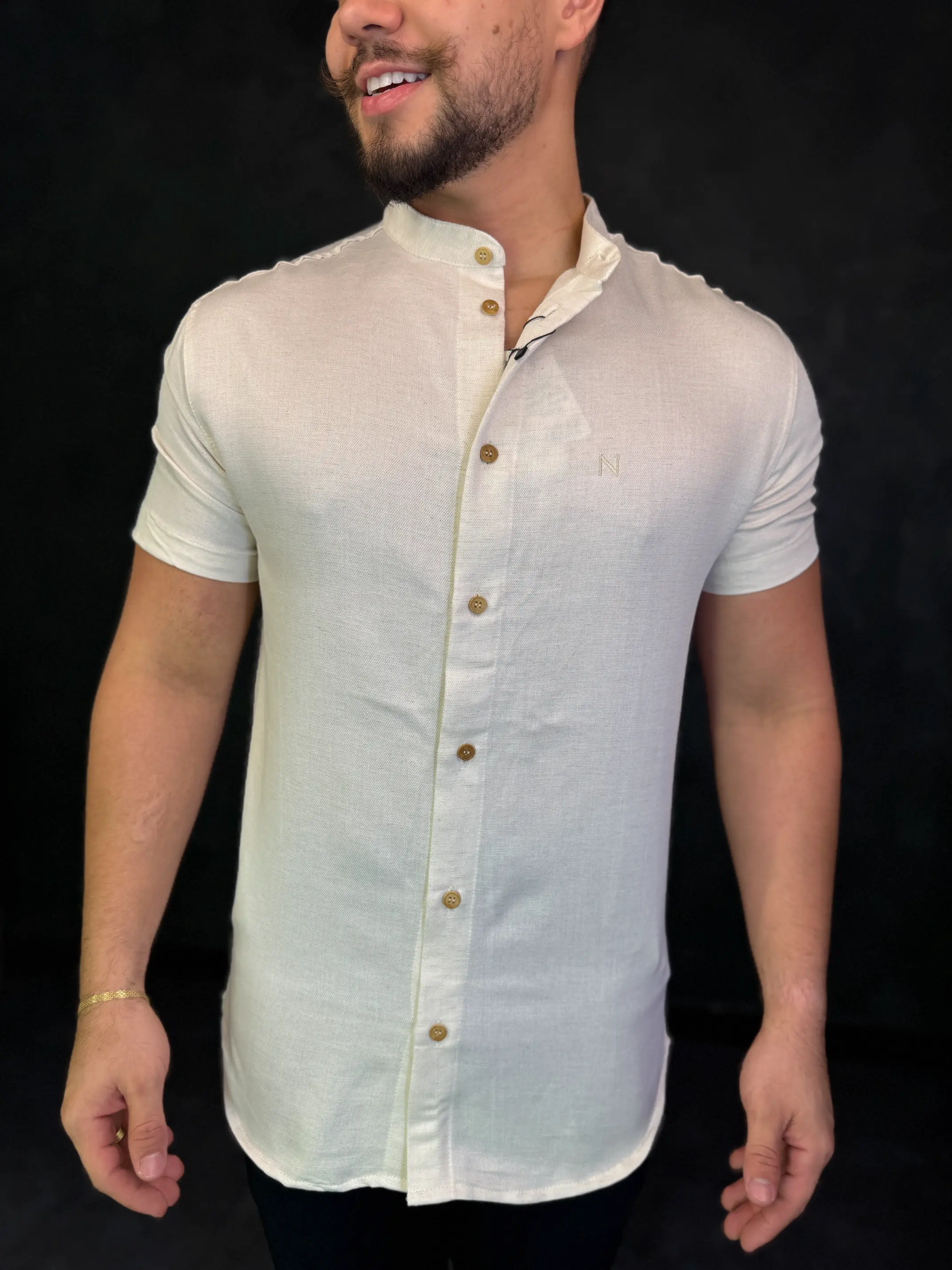 Camisa Social Gola Padre Nype Manga Curta Off White