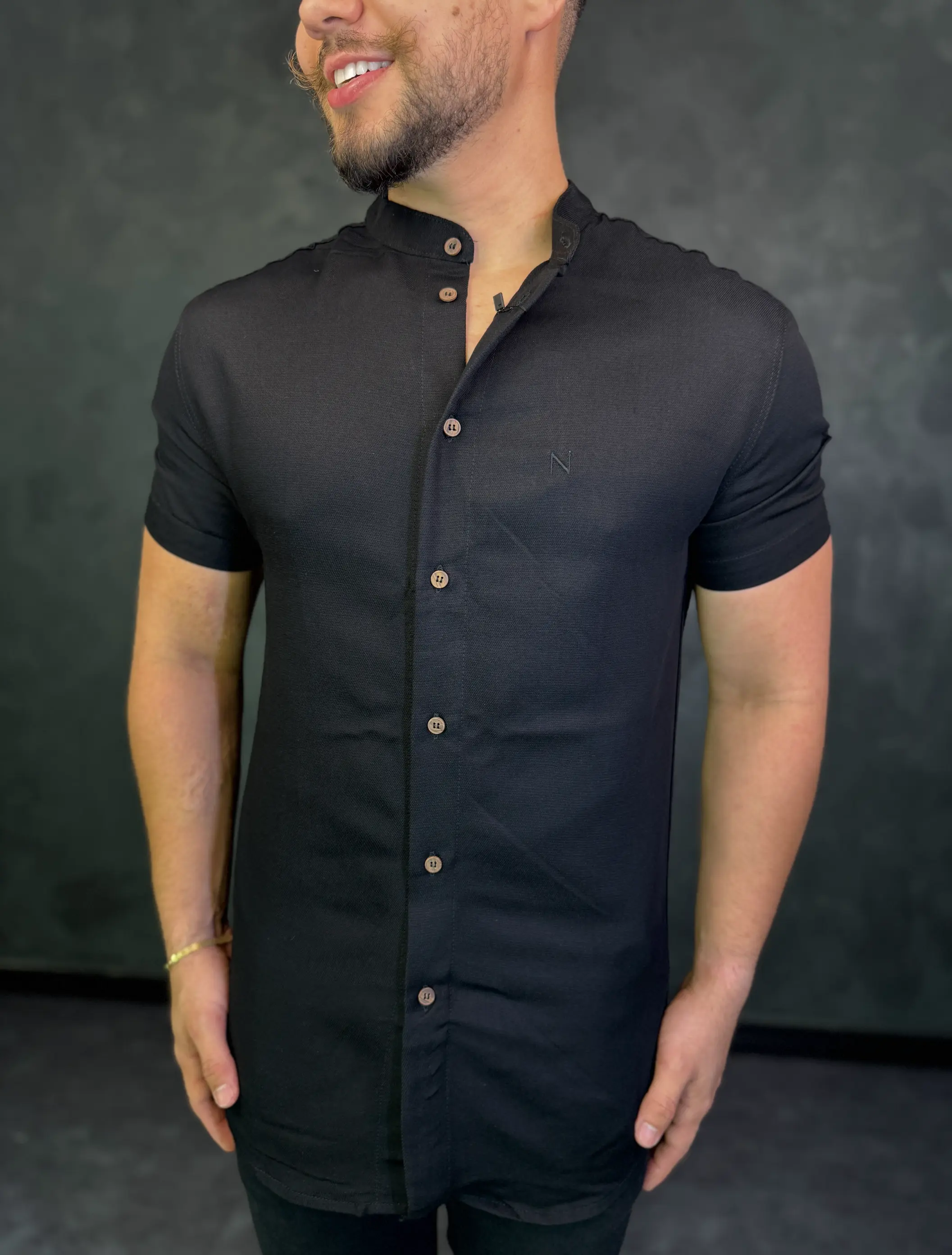 Camisa Social Gola Padre Nype Manga Curta Preta