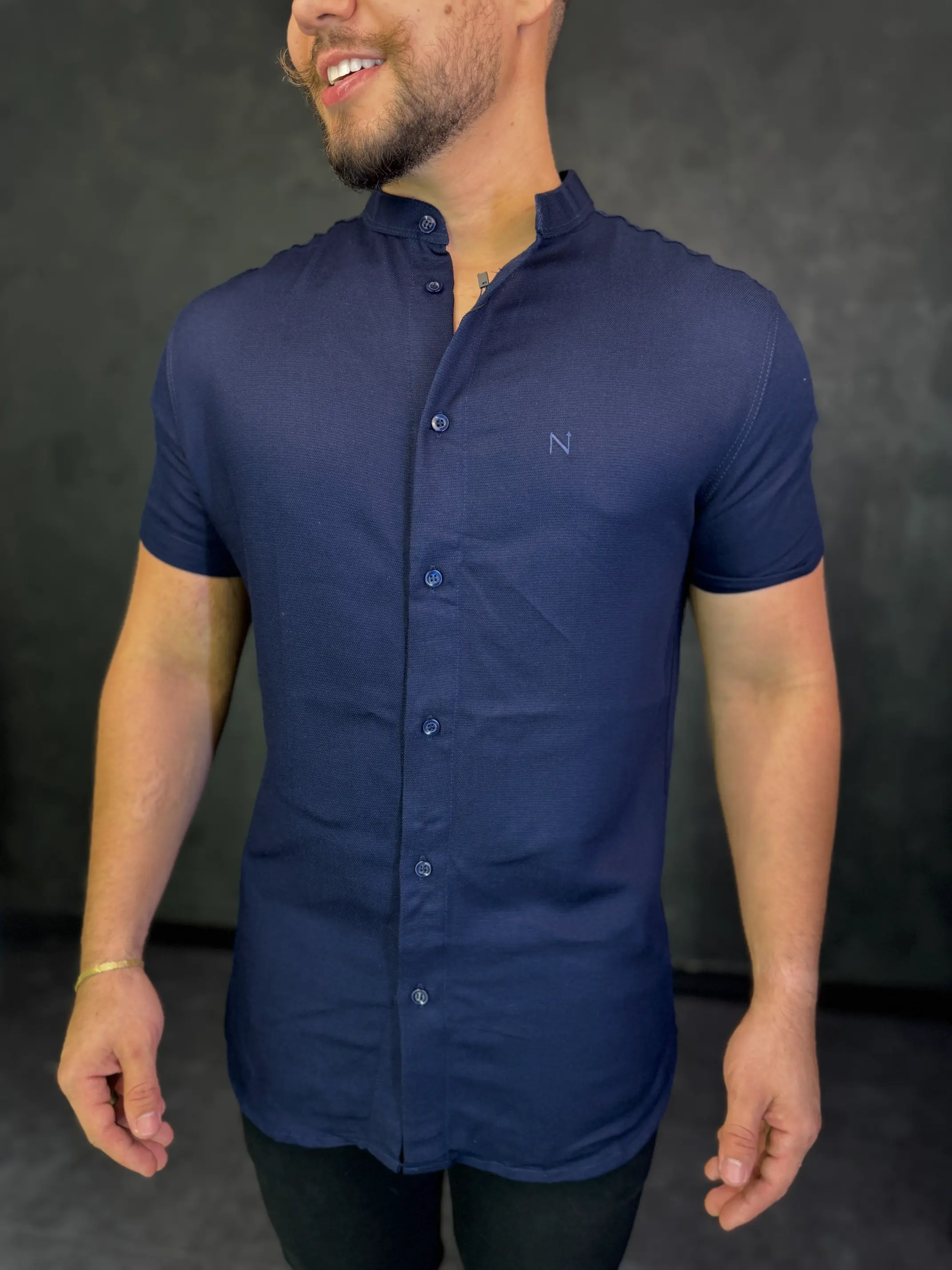 Camisa Social Gola Padre Nype Manga Curta Azul Marinho
