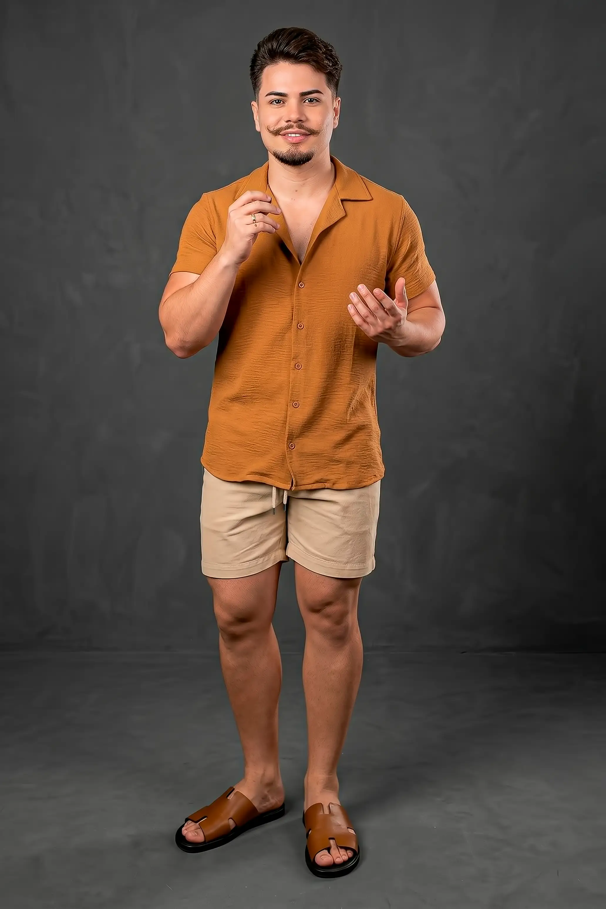 csual) Look Casual NYPE Momentum Completo Gola Cubana, Short Linho, Sandália, para Fim de Semana, Saidinha, Praiano - Imagem 1